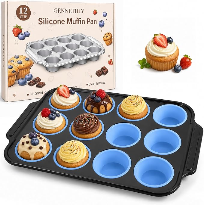Silicone Muffin Pans for Baking, 12-Cup Muffin Tin with Metal Frame | Reinforced Metal Frame, 12-Cup Size, Easy Release Cups, Nonstick Silicone, Oven & Dishwasher Safe