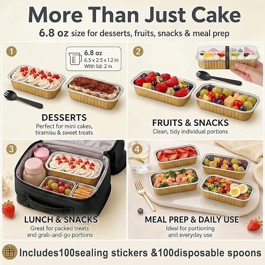 YQER 100 Pack Gold Mini Cake Pans with Lids and Spoons, 6.8 oz Disposable Aluminum Foil Mini Loaf Pans Cake Tins with Stickers and Reusable Decorating Set for Wedding Desserts, Parties and Gifts