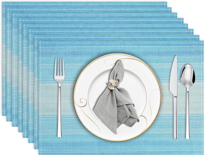 Blue Placemats Set of 8, 12x18 Inch Washable Easy to Clean Heat-Resistant Anti-Skid Table Mats for Holiday Party Kitchen Dining Room Decoration