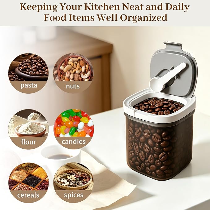 Airtight Coffee Storage Canister Container 15 oz with Magnetic Scoop, Brown Sugar Container Kitchen Food Storage Jar with Spoon for Grounds Coffee, Beans, Tea, Sugar, Flour, Cereal