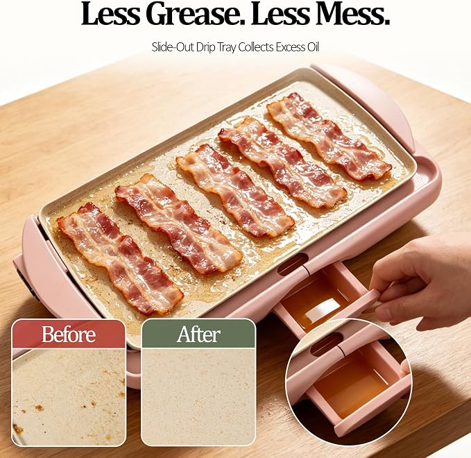 20" Pink Electric Griddle & Skillet with Ceramic Non-Stick Surface, 1400W Family-Sized Extra Large Baking Pan, Adjustable Temperature & Slide-Out Drip Tray