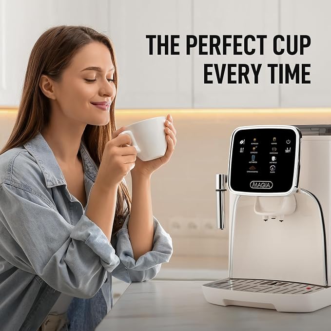 Zulay Kitchen Magia Clasica Automatic Espresso Machine with Built-In Grinder, Touch Panel Coffee Maker, Steam Wand Milk Frother, Adjustable Strength, Self-Cleaning, Cream & Silver (13" x 17.7" x 9.4")