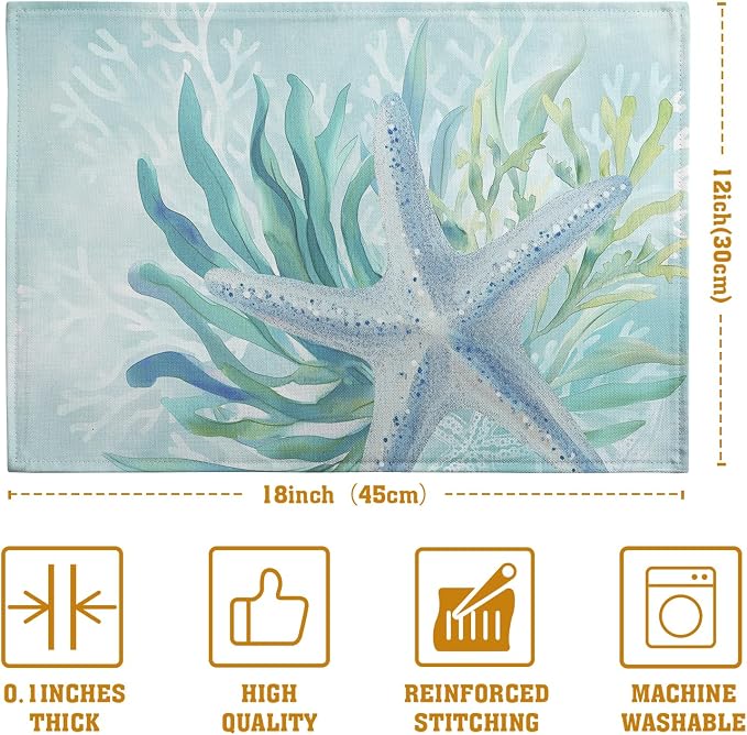 Nautical Coastal Placemats Set of 4 Ocean Coral Starfish Seagrass Beach Theme Table Mat 12x18 Inch Teal Turquoise Blue Summer Linen Fabric Place Mats for Party Kitchen Dining Outdoor Indoor Decor