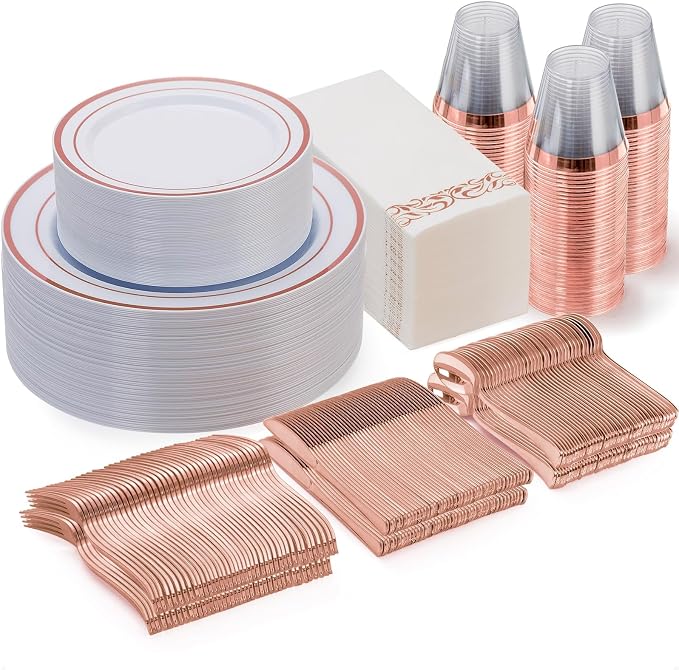 350 Pcs Rose Gold Disposable Party Dinnerware Sets for 50 Guests | Plastic Plates Disposable Include: 50 Dinner Plates, 50 Dessert Plates, 50 Paper Napkins, 50 Cups, 50 Silverware Set