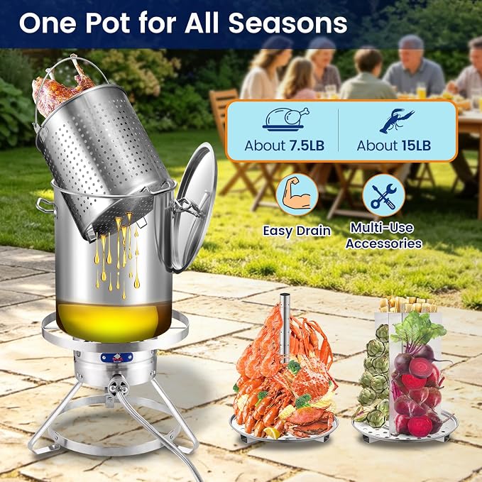 ARC 32QT Stainless Steel Stock pot 6-Piece For Seafood Boil Pot with Basket | Turkey Fryer Pot with Strainer-Steamer Rack-Divider-Lift Hook-Tube-Cookware for Crawfish Crab Shrimp Lobster Boiling, Tamale