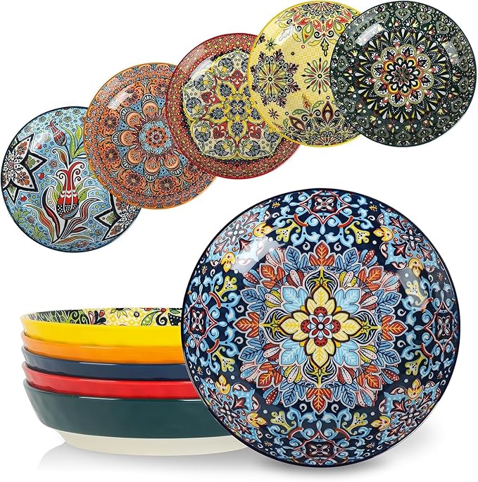 KitchenTour Pasta Bowls Set of 6-30 oz Large Wide & Shallow Serving Bowl, Colorful Ceramic Salad Bowls for Everyday Dining - 8.2 Inch, Microwave and Dishwasher Safe, Bohemian Style