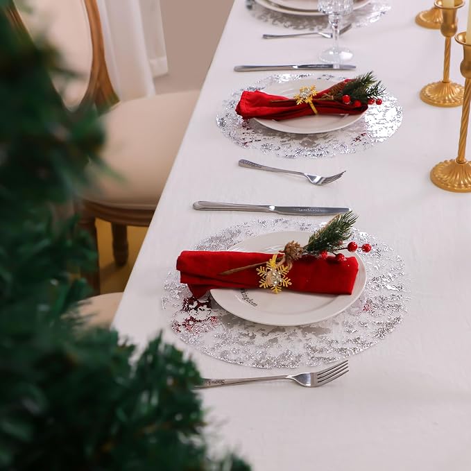 Snowkingdom Silver Disposable Placemats Set of 12 Foil Mesh 13 Inch Round Pressed Table Mates 12 Pack Silver Doilies for Dining Table Wedding Birthday Party Holiday Home Decoration