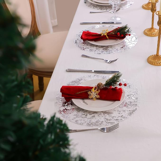Snowkingdom Silver Disposable Placemats Set of 24 Foil Mesh 13 Inch Round Pressed Table Mates 24 Pack Silver Doilies for Dining Table Wedding Birthday Party Holiday Home Decoration