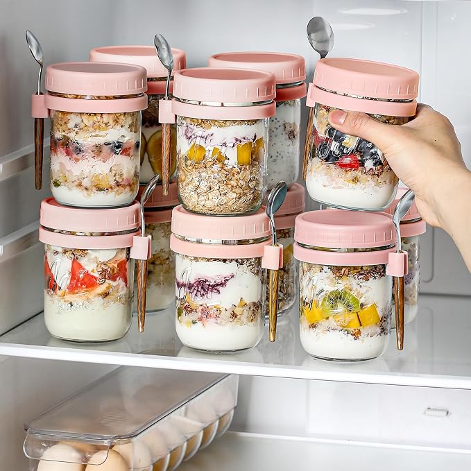 LANDNEOO 4 Pack Overnight Oats Containers with Lids and Spoons, 16 oz Glass Mason Jars with Airtight Lids, Overnight Oats Jars for Milk, Cereal, Fruit-Pink