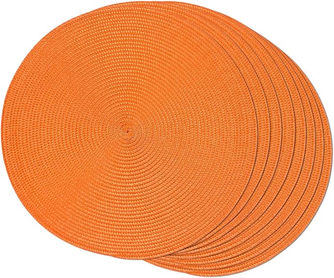 FunWheat Round Braided Placemats Set of 8 Place Mats for Dining Table Woven Washable Non-Slip Table Mats 15 Inch(Orange,8pcs)
