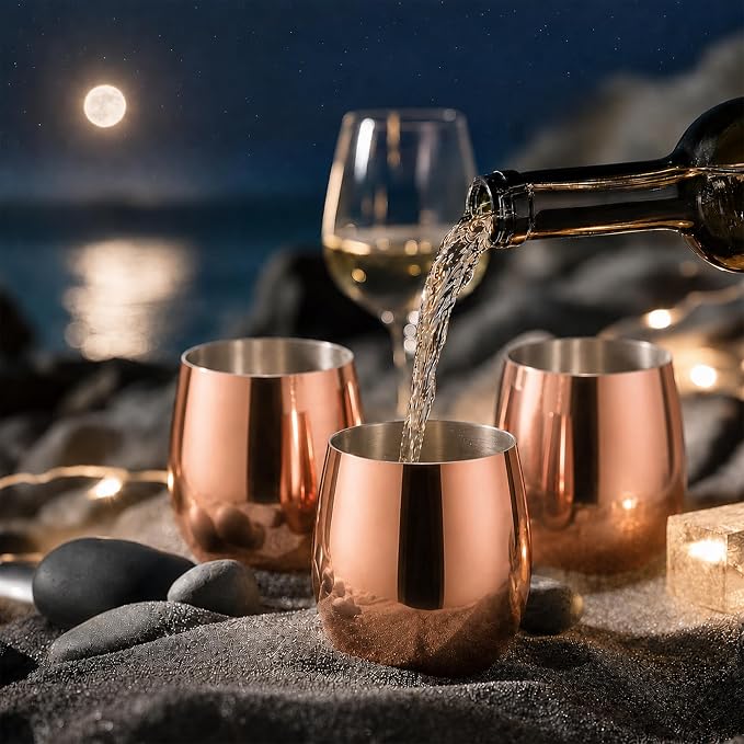 K&K Home Stainless Steel Unbreakable Stemless Wine Glasses - 15 oz - Set of 4 Colored, Stemless Metal Wine Glasses Perfect for Outdoors, Weddings, and Parties (Rose Gold)
