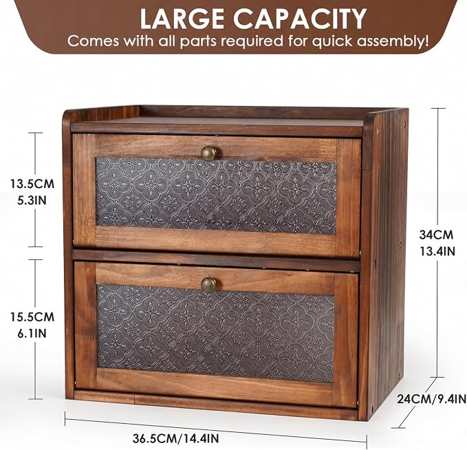 Sunhoo Bread Box for Kitchen Countertop, Large Pine Wood Breadbox, Brown | Farmhouse Pantry Container, Double Layer Storage, Fresh Homemade Sourdough Bin, Vintage Textured Acrylic Door, Easy Assembly