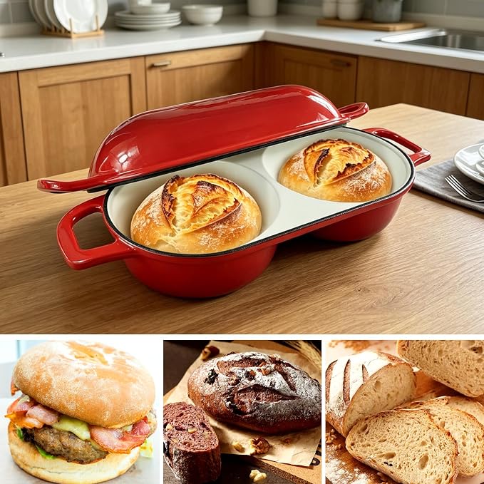 2.7 QT Enameled Cast Iron Bread Oven with Lid, Double Loaf Dutch Oven for Sourdough Bread Baking, Bake Two Artisan Mini Loaves at Once, Steam Locking Lid, Non-Stick Easy Clean, Oven Safe 500°F