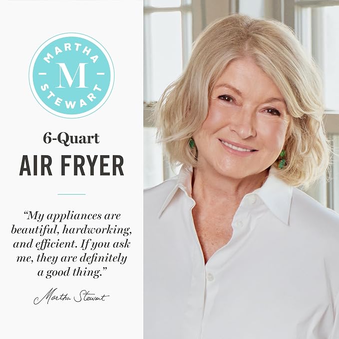Martha Stewart 6-Quart Air Fryer, 6 Presets, Space Saving, Indigo Blue | 3lb Capacity, PFAS-Free Ceramic Nonstick Basket & Tray, Bake, Roast, Broil, Dehydrate, Reheat, Shake Reminder, Heat up to 400