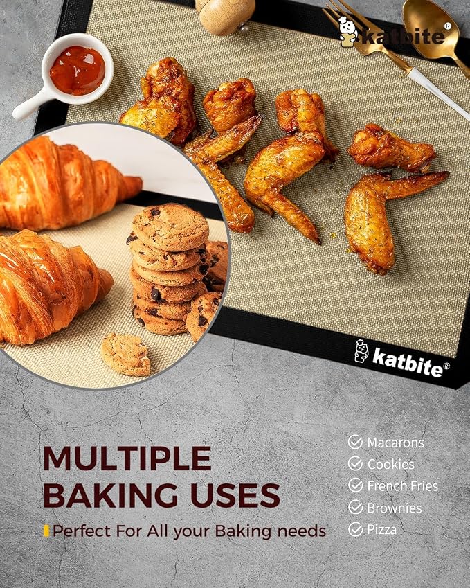 Katbite Silicone Baking Mat Set of 3 Black | 2 Half Sheets Mats + 1 Quarter Baking Sheet, Reusable & Nonstick Bakeware Mats for Cookies, Macarons, Bread