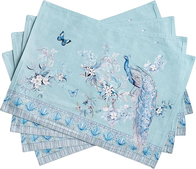 Maison d' Hermine Placemats Set of 4 Reusable 100% Combed Cotton (13"x19") | Cloth Place Mats Washable Table Mats for Kitchen Dining Home Restaurant Spring Summer - Peacock Utopia - Pastel Turquoise