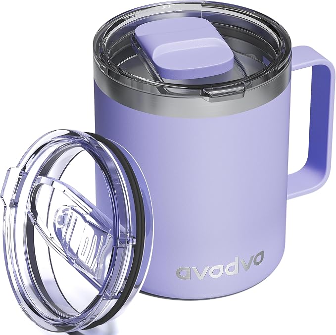 12oz Insulated Coffee Mug with Lid – Includes Two Lids, Stainless Steel Coffee Travel Mug with Handle, Double Wall Vacuum Insulated Camping Mug for Home, Office & Outdoor, Periwinkle Purple