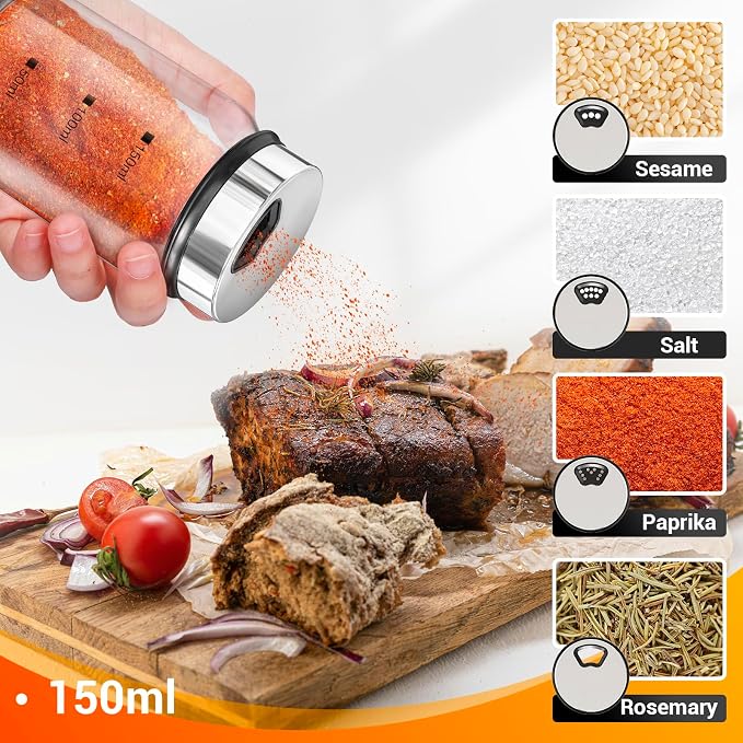 Segarty 5oz Glass Spice Jar with Shaker Lids Scale Lines, 1pc Clear Empty Seasoning Bottle for Condiments, 150ml Large Spice Container with 8 Blank Labels, 1 Chalk Pen for Herbs Organization Cabinet