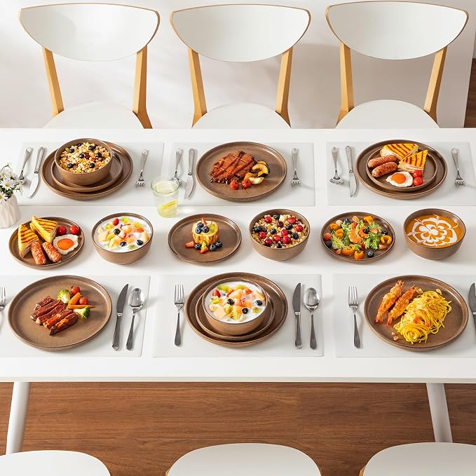 vancasso ZERMATT 18 Pieces Stoneware Dinnerware, Plates and Bowls Set for 6 | Dinnerware Set for 6 in Muted Brown Reactive Glaze Stoneware, Kitchen Dinner Set, Microwave and Dishwasher Safe