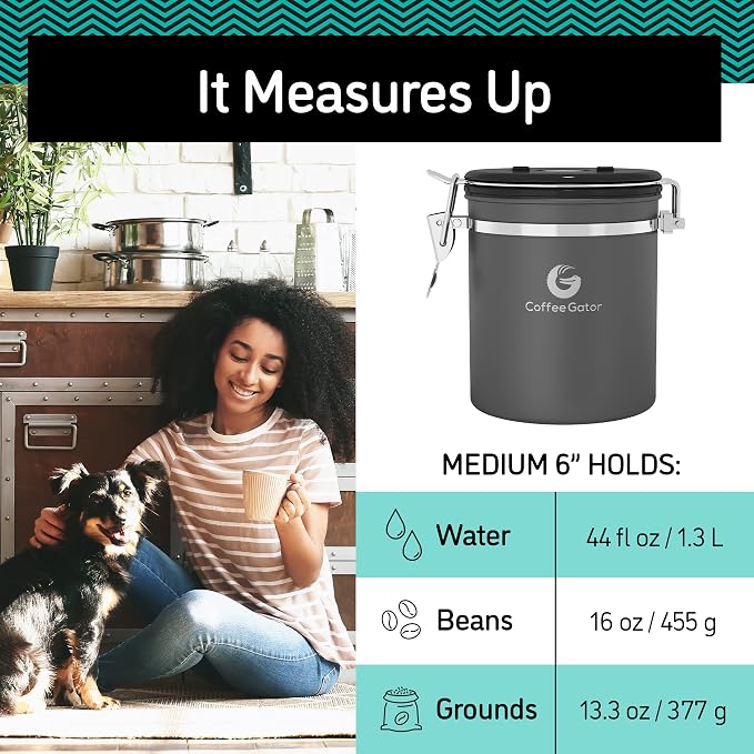 Coffee Gator Coffee Canister, 16oz Airtight Stainless Steel Container | w/ Date Tracker, Scoop, Kitchen Food Storage Jars for Beans , Ground, Rice, Tea, Sugar, Cookie, Bar Accessories, Black