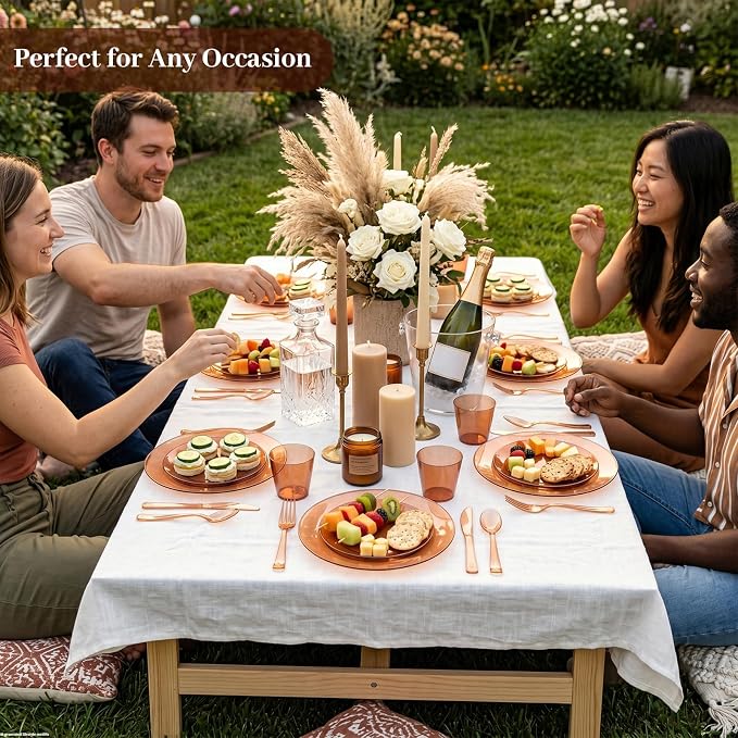 DaYammi 210PCS Clear Amber Plastic Dinnerware Set for 30 Guests, Fancy Disposable Plates for Party, Include: 30 Dinner Plates, 30 Dessert Plates, 30 Pre Rolled Napkins with Silverware, 30 Cups