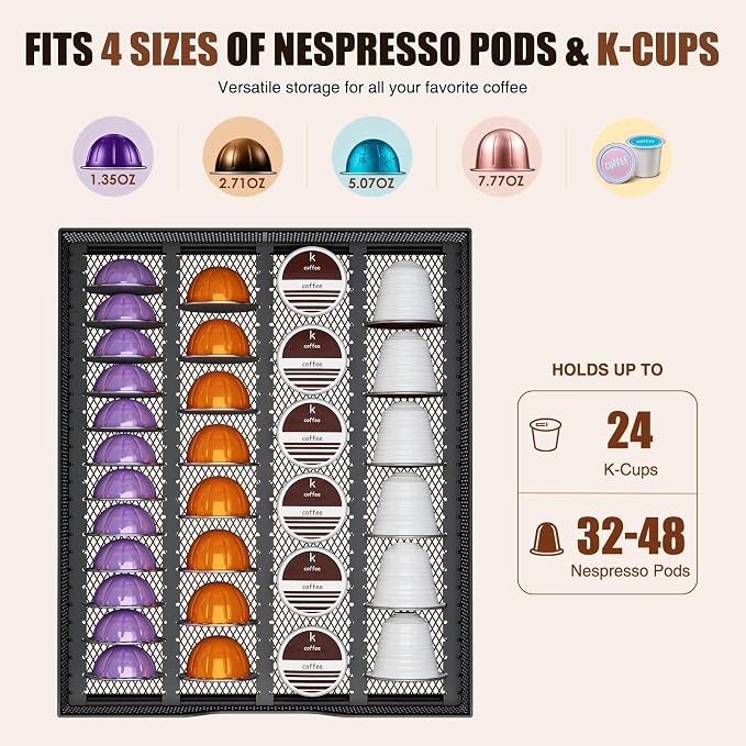 Coffee Station Organizer Compatible with Nespresso Vertuo Pods, Holds 48 Small or 32 Large Pods, 3-Tier Coffee Bar Organizer with K-Cup Holder, Coffee Pod Drawer & Syrup Cups Rack for Accessories