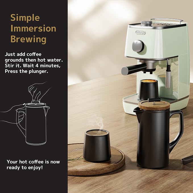 Ceramic French Press 22oz, Walnut Wood Lid, Black | Lead-Free, Dual Food Grade Stainless Steel Filters, Grit-Free, For Coffee and Loose Tea, Heat Retention, High-Fired Ceramic