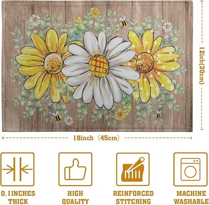 Spring Summer Floral Set of 4 Sunflower Daisy Eucalyptus Leaf Wooden Board Place Mats 12x18 Inch Rustic Vintage Flowers Farmhouse Table Mats for Home Kitchen Dining Decoration
