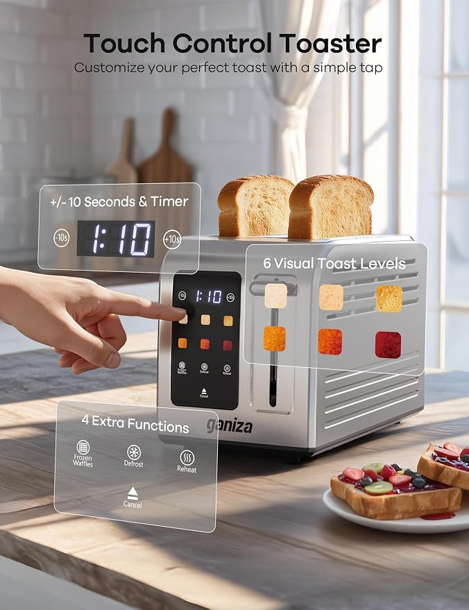 Ganiza Smart Toaster 2 Slice with Touchscreen, Digital Countdown Timer, Touch Screen Toaster Wide Slot, Full Stainless Steel, Defrost Reheat Cancel, +/-10s Fine-Tune, Removable Crumb Tray, Max 925W