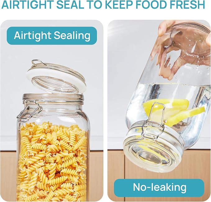 Vtopmart 78oz Glass Food Storage Jars with Airtight Clamp Lids, 3 Pack | Large Kitchen Canisters, For Flour, Sugar, Cereal, Coffee, Pasta and Canning, Square Mason Jars