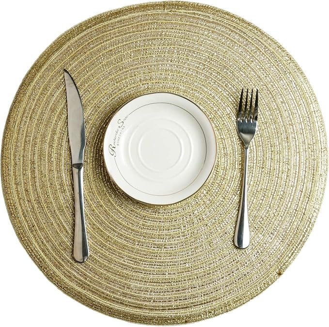 SHACOS Glitter Gold Round Braided Placemats Set of 8 Sparkle Washable 15 inch Round Table Mats Woven Place Mats for Christmas Party Dining Table Decor (Gold, 8)