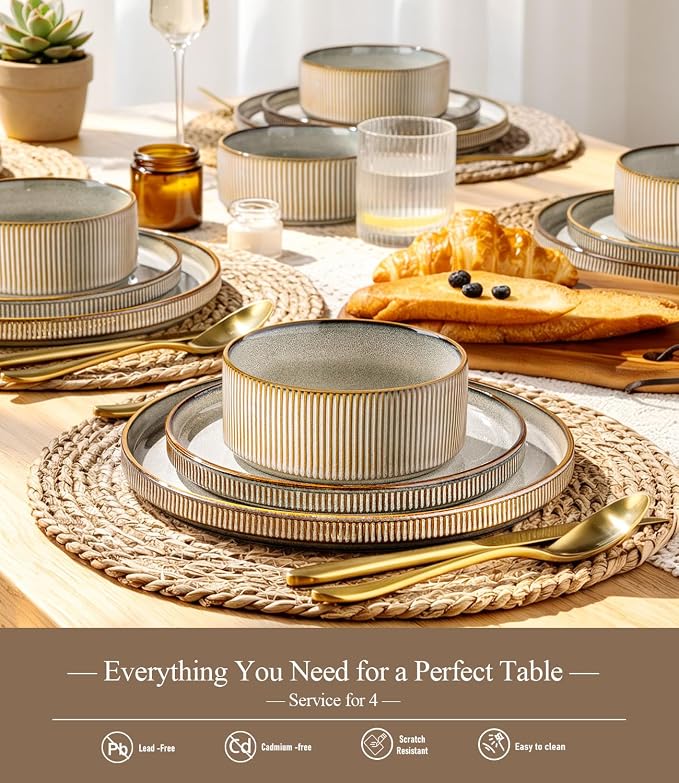 GBHOME Stoneware Dinnerware Sets for 4, 12-Piece Plates and Bowls Set | Handmade Reactive Glaze Ceramic Dish Set, Scratch Resistant, Dishwasher&Microwave Safe,Green Wheat