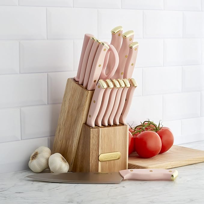 Farberware 15-Piece Knife Block Set with Black Soft-Grip Handles and Graphite Block - Kitchen Knife Set with Chef Knife, Steak Knives, Shears and Sharpening Steel