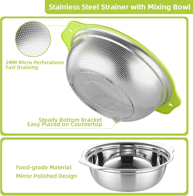Colander Stainless Steel Microporous, 5QT Large Capacity Rice Washer with Mixing Bowl, 12.5’’Rice Strainer Bowl Set with Handle, Food-Grade Strainers and Colanders for Washing Rice, Pasta