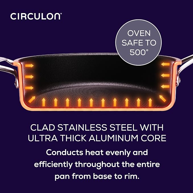 Circulon C1 Series Clad Stainless Steel with ScratchDefense Technology Cookware Nonstick Induction Frying Pans/Skillets with Lids, Metal Utensil Safe, 6 Piece Set - Polished Stainless Steel