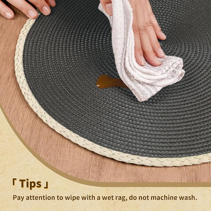 Round Placemats Set of 6, Woven Table Mats, Thin Edge, Charcoal Grey | Braided Paper Edge, 15 Inch Diameter, Fits Dinner Plate and Flatware, Wipeable, Heat Resistant, Indoor Dining, Outdoor Patio