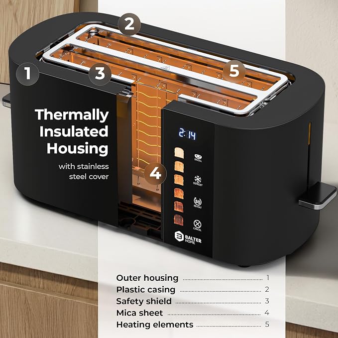 Balter Toaster 4 Slice Wide Slot, Bagel Function, Long Slot, Stainless Steel, Touch Screen, Built-in Rack, Extra-Wide 1.5" Slots for Thick Breads & Bagel, Timer, BPA-Free, Removable Tray, Black