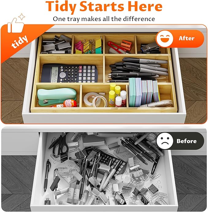 Bamboo Drawer Organizer with 9 Adjustable Compartments, Desk Storage Tray | Natural Bamboo, Flexible Modular Trays, Water-Resistant, Adjustable, Excellent Organization, Easy to Clean, Non-Slip Design