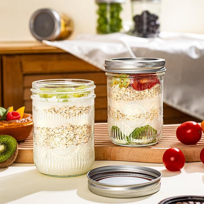 Amzcku 16 oz Vintage Mason Jars with Lids, Regular Mouth Canning Jar, Safe For Storage, Canning, Pickling, Preserving, Fermenting, DIY Crafts & Decor 6 Pack