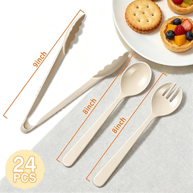 24 Pcs Beige Plastic Serving Utensils Set - Heavy Duty Disposable Serving Spoons, Forks & Tongs (8 of Each) - BPA-Free Catering Supplies for Buffets, Parties, Weddings & Events