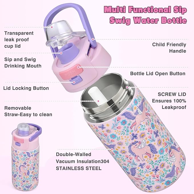 Bento Lunch Box for Kids with 7oz Soup Thermo,Insulated Stainless Steel Kids Water Bottle with Straw and Insulated Lunch Bag,Leak-Proof Lunch Food Container with Ice Pack for School(Pink-Horse)