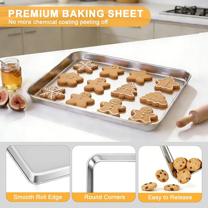 Onader 9 x 13 Inch Baking Sheet Set of 6, Stainless Steel Quarter Sheet Pan for Baking & Roasting, Metal Cookie Toaster Oven Pan Tray, Heavy Duty & Dishwasher Safe (Actual Size: 12.5" x 9.7")