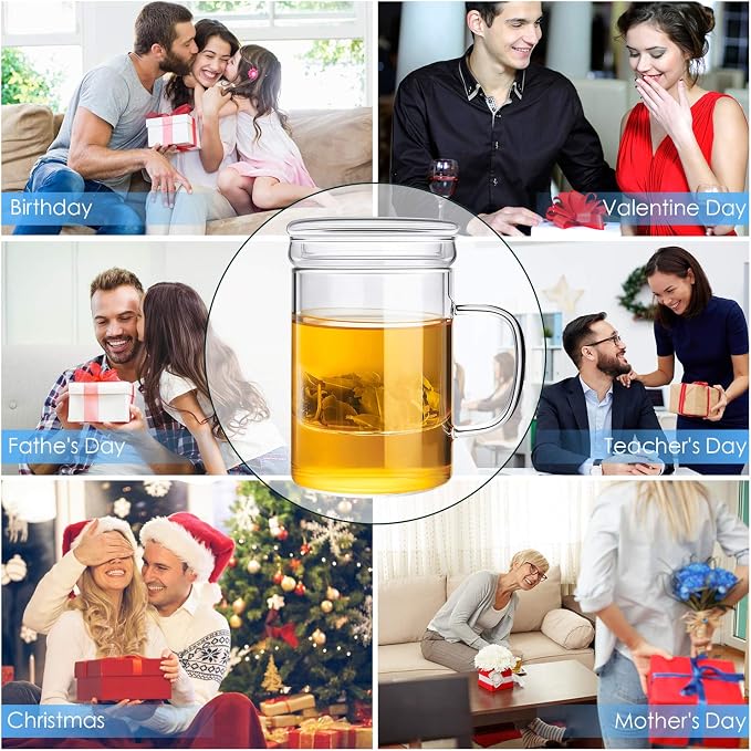 Glass Tea Infuser Cup with Filter and Handle for Blooming Loose Leaf, 14oz | Borosilicate, Heat Resistance, Lead-free, Microwave & Dishwasher Safe