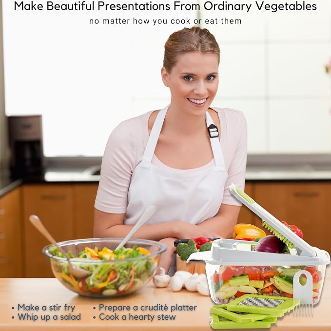 Brieftons QuickPush Manual Vegetable Chopper: 8-Cup Push-Down Onion Dicer & Food Chopper, 3 German Steel Blades, BPA-Free Container with Keep-Fresh Lid and Cleaning Comb - Manual, Dishwasher Safe