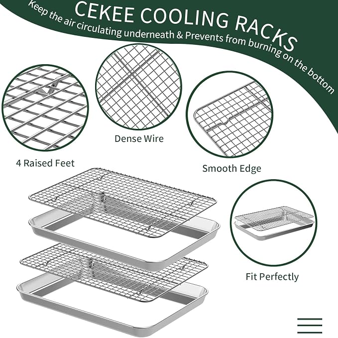 Small Baking Sheet with Rack Set [2 Cookie Sheets + 2 Baking Racks], CEKEE Stainless Steel Small Baking Pan and Grill Rack - Rust & Warp Resistant & Nonstick, Size 9.33 x 6.96 x 1 Inch