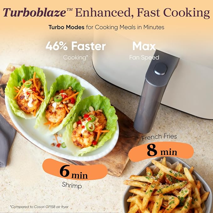 Cosori TurboBlaze Smart Air Fryer 6 Qt, Shake Reminders, 9-in-1, Cream | 90°–450°F, 5 Fan Speeds, 9 in 1 Air Fry, Roast, Bake, Broil, Dry, Frozen, Proof, Reheat, Keep Warm, Remote Control, nonstick