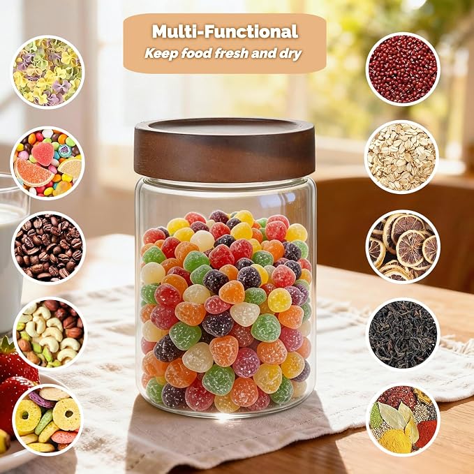28 Fl oz Glass Food Storage Jar with Airtight Wooden Screw on Lid and Scoop | 850 ml Premium Clear Glass Canister Food Storage Containers for Coffee,Tea,Cereals,Cookies,Snacks,Nuts,Spice,Candy,Sugar