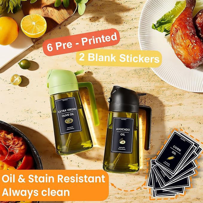 CXINYI - 16oz/470ml Olive Oil Dispenser for Kitchen with Stickers - 2 in 1 Olive Oil Sprayer for Cooking, Air Fryer, and Salad, Black&Green (Light-Proof Kitchen Gadget)
