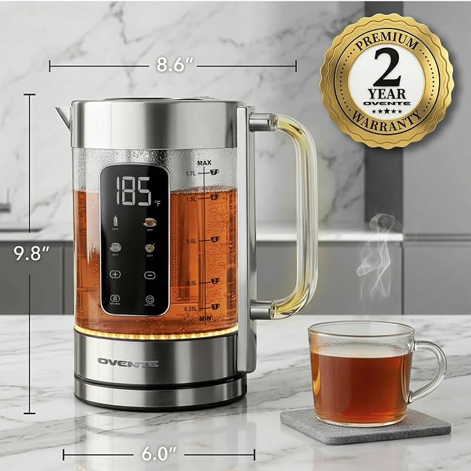 OVENTE 1.7L Glass Electric Kettle with Tea Infuser, Silver KGD913S | 1500W Fast Boiling, Easy Fill Lid, 4 Temperature Control, Double-Wall Cool-Touch Design, Color-Changing LED, Keep Warm