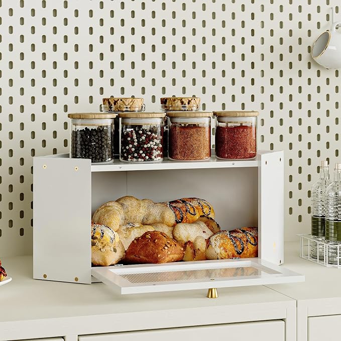 Trironsun Corner Bamboo Bread Box for Kitchen Counter Large Capacity Rustic Bread Storage Container with Wavy Arcylic Transparent Door Vintage Storage for Homemade Bread (White)